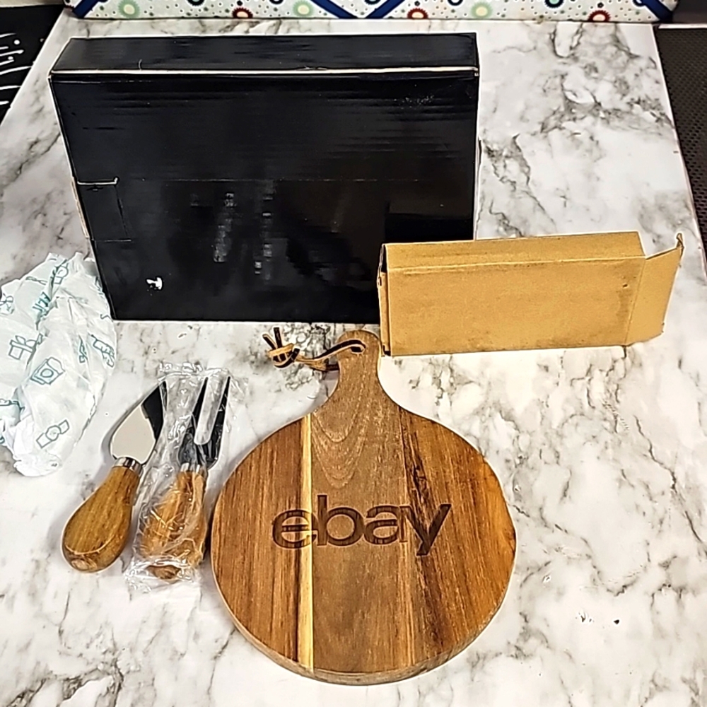 New in box eBay logo engraved solid wood cheese cutting board knife fork